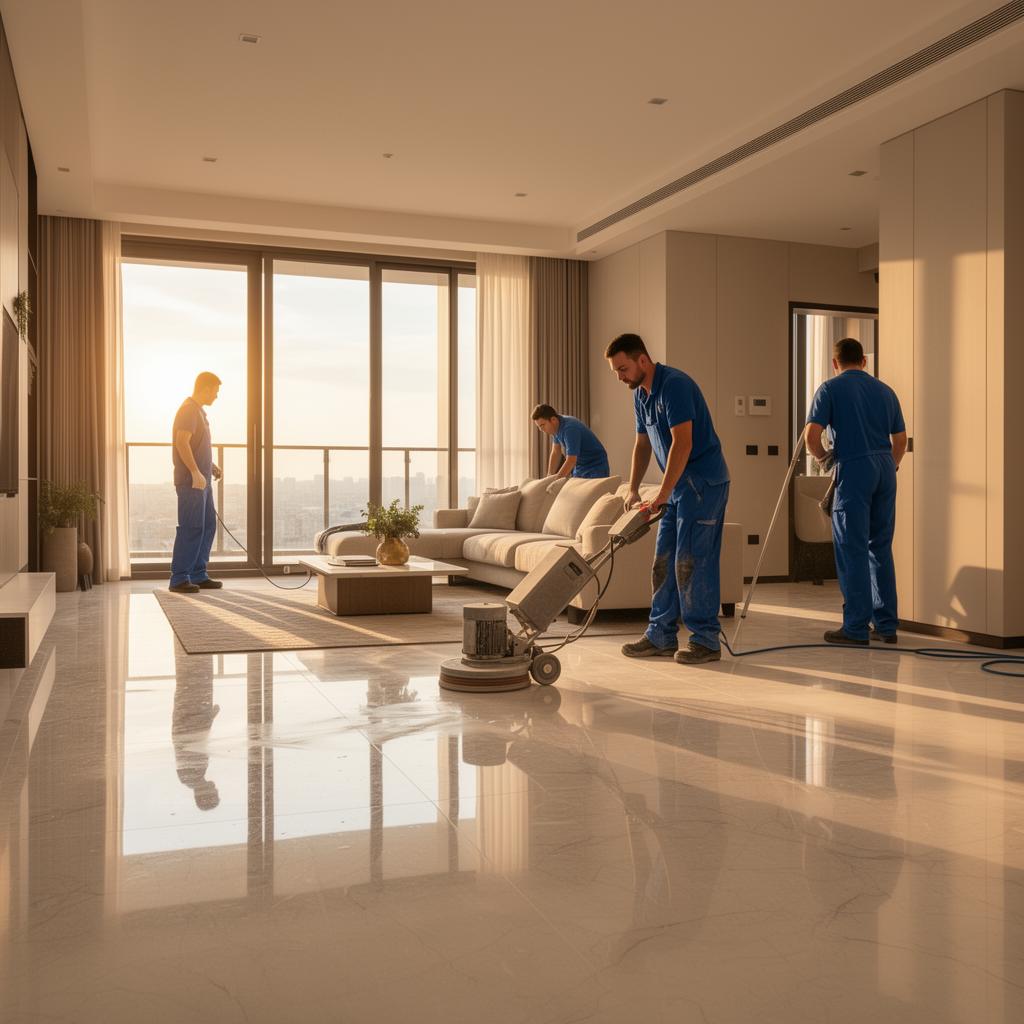 Equipe finalizando limpeza fina de piso em apartamento novo